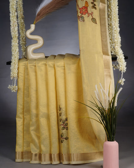Tissue Linen Saree With Floral Embroidery & Sequins Work - Beige