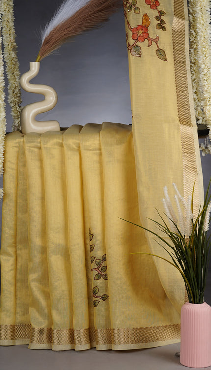 Tissue Linen Saree With Floral Embroidery & Sequins Work - Beige