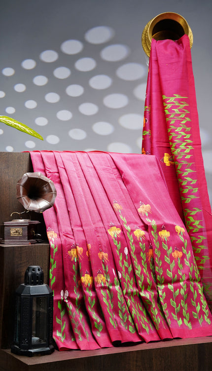 Mangalagiri Silk Saree With Hand Painting - Rani  Pink