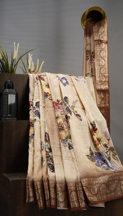 Semi Tusser Floral Butties Kardana Sequence Work With Kanchi Border - Light Brown