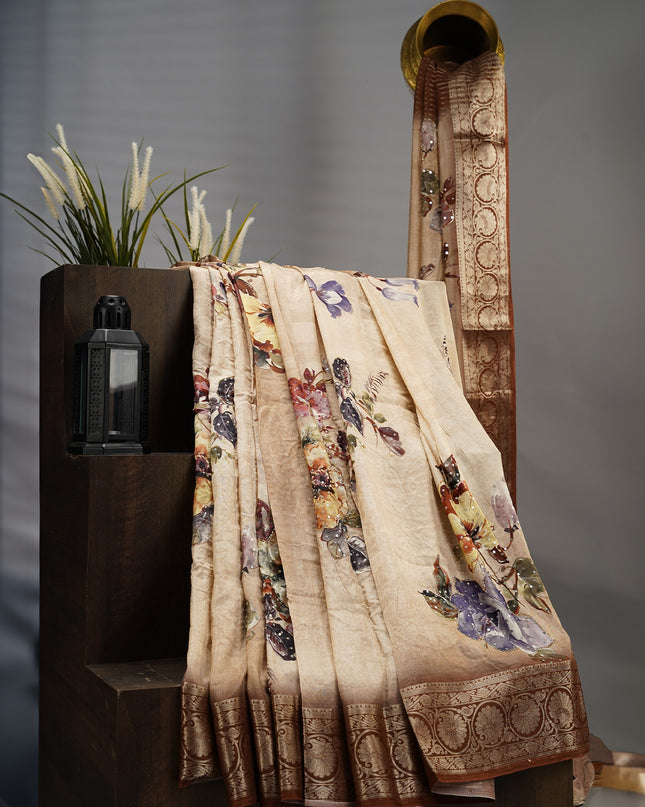 Semi Tusser Floral Butties Kardana Sequence Work With Kanchi Border - Light Brown