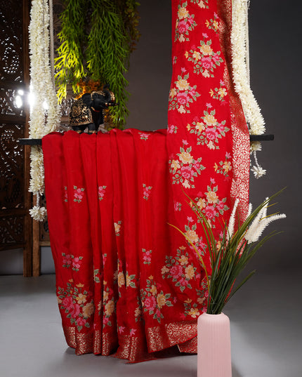 Wrinkle Crepe Saree with Thread Embroidery Work and Golden Zari Border- Red