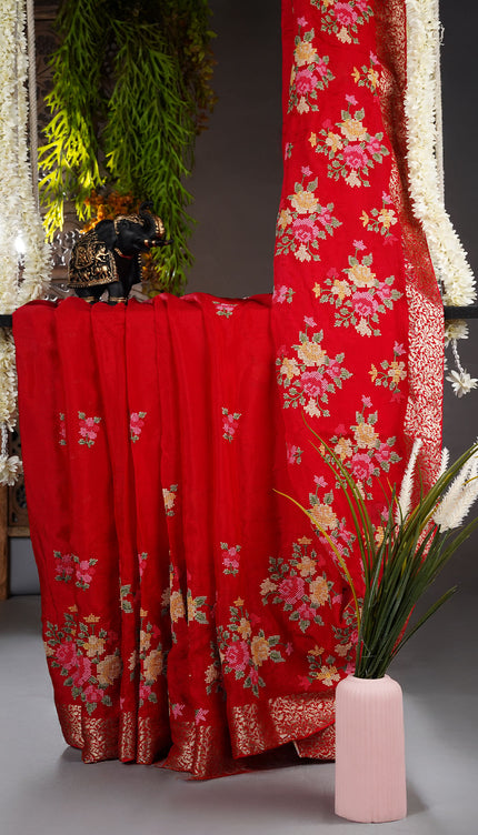 Wrinkle Crepe Saree with Thread Embroidery Work and Golden Zari Border- Red