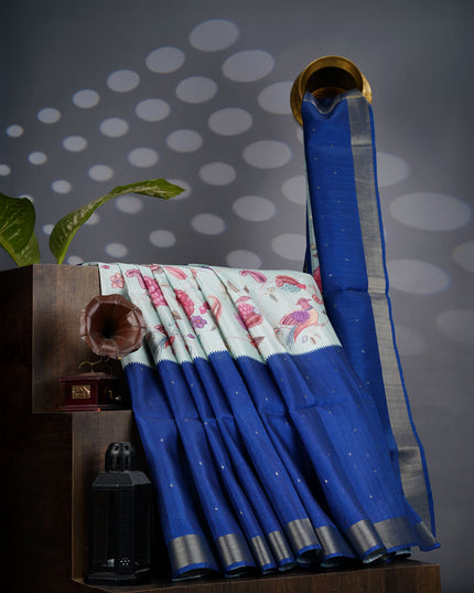 Tusser Silk Saree Floral Print with Contrast Border- Light Blue