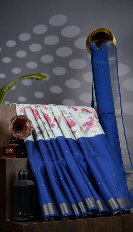 Tusser Silk Saree Floral Print with Contrast Border- Light Blue