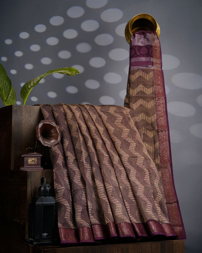 Muslin Silk Saree with Antique Zari Border- Purple