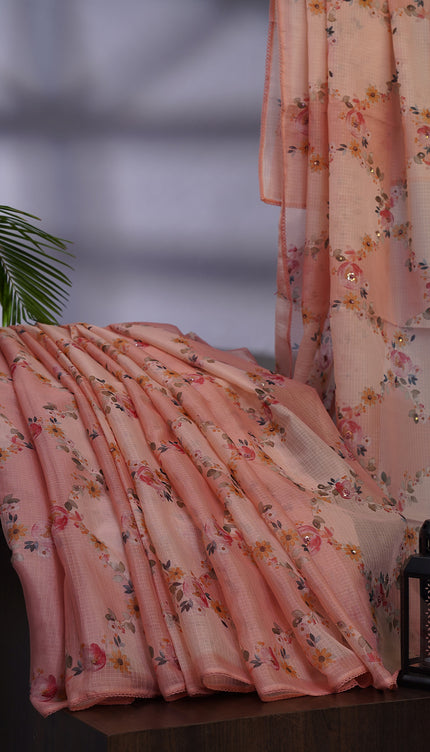 Kota Silk Saree with Floral Print and Knot Work