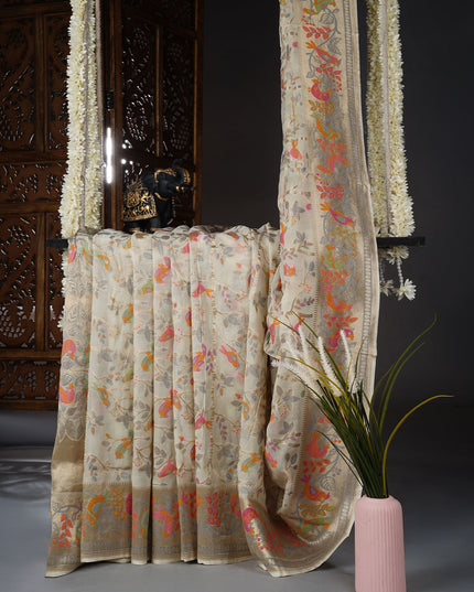 Kadi Georgette branars Saree With allover Meenakari  weaving - Cream