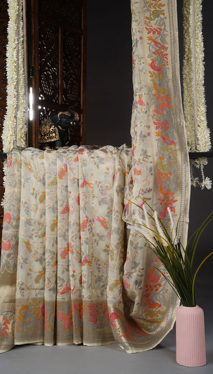 Kadi Georgette branars Saree With allover Meenakari  weaving - Cream