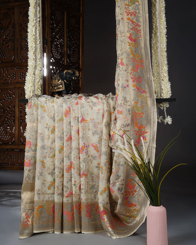 Kadi Georgette branars Saree With allover Meenakari  weaving - Cream