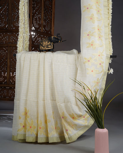 Linen cotton saree with gold butties and zari Broder - White
