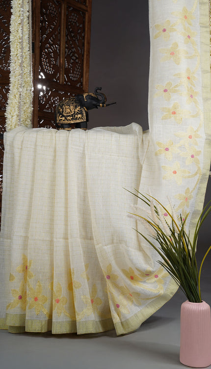 Linen cotton saree with gold butties and zari Broder - White