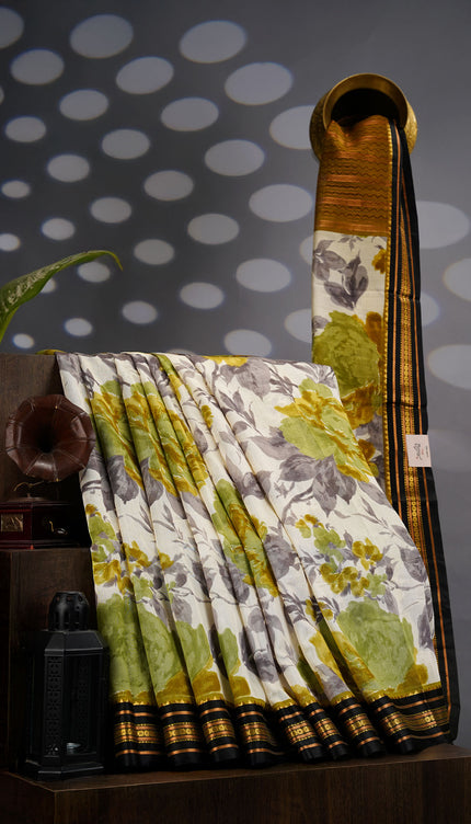 Mangalagiri Silk Saree with Floral Print and Contrast Border- Green