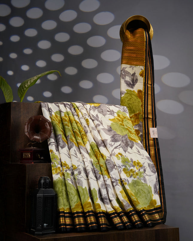 Mangalagiri Silk Saree with Floral Print and Contrast Border- Green