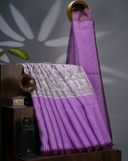 Lenin Silk with Madhubani Print with Contrast Border- Lavender
