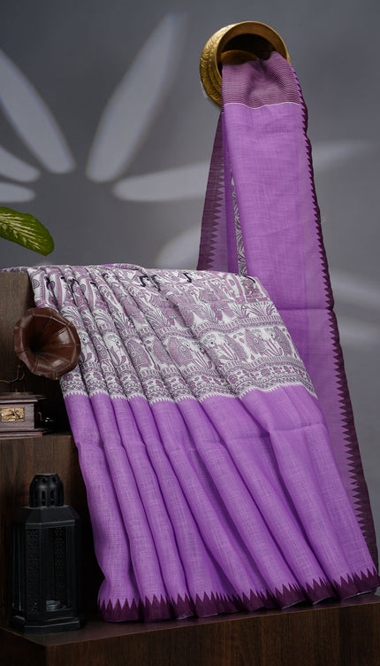 Lenin Silk with Madhubani Print with Contrast Border- Lavender