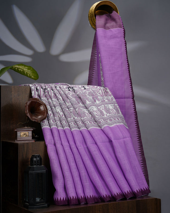 Lenin Silk with Madhubani Print with Contrast Border- Lavender