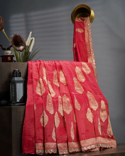 Tissue Banaras Silk With Kardhana Stone Work & Scallop Border - Pink