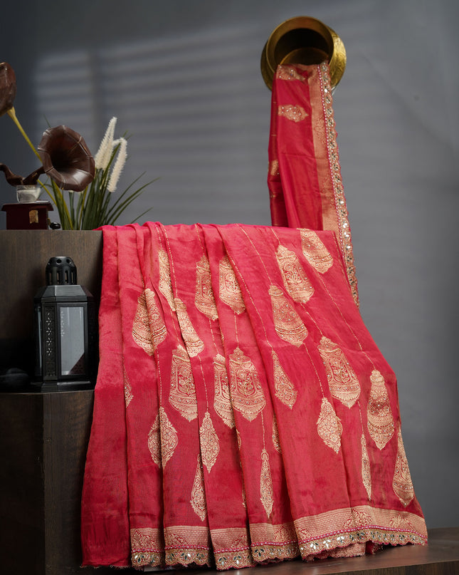 Tissue Banaras Silk With Kardhana Stone Work & Scallop Border - Pink