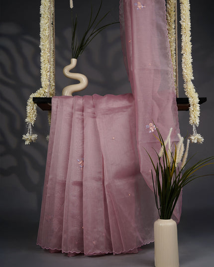 Hand Embroidery Tissue  Lenin Saree with Scallop Border and Floral Motifs- Onion Pink