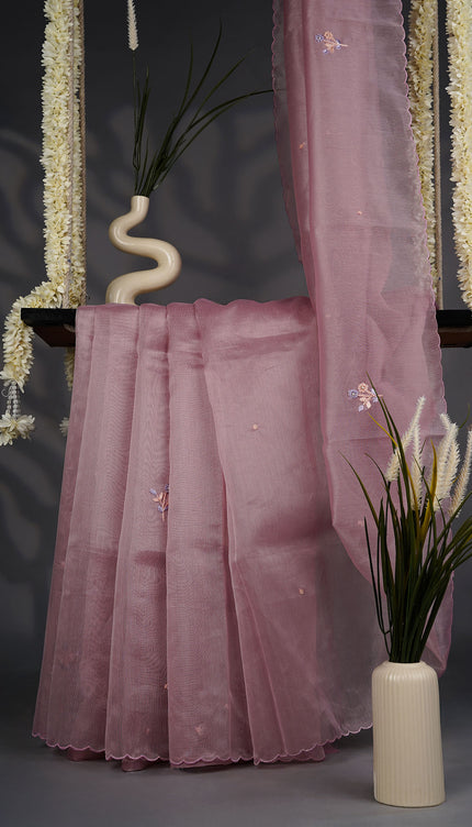 Hand Embroidery Tissue  Lenin Saree with Scallop Border and Floral Motifs- Onion Pink