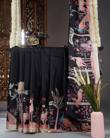 Tusser Silk With Digital Print Thread Border - Black