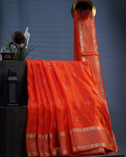Russian Crape Khardhana Antique Buttis Banaras Border - Orange