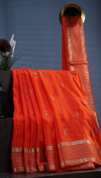 Russian Crape Khardhana Antique Buttis Banaras Border - Orange