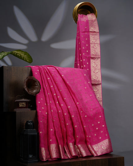 Korean Crepe Saree with Golden Butties and Border- Pink