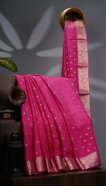 Korean Crepe Saree with Golden Butties and Border- Pink