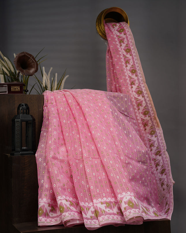 Lotus Cotton Ikkat Design Golden Buttis - Baby Pink