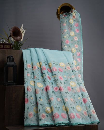 Tissue Linen Saree With Thread Embroidery with Lace Border - Light Blue