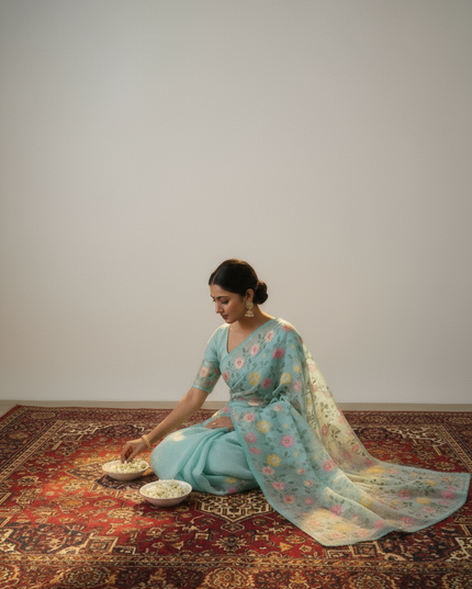 Tissue Linen Saree With Thread Embroidery with Lace Border - Light Blue