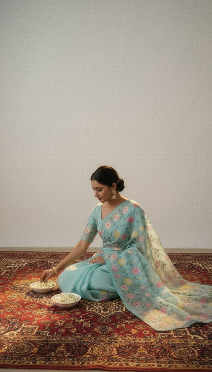 Tissue Linen Saree With Thread Embroidery with Lace Border - Light Blue