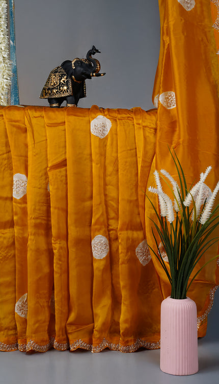 Russian Silk Zardozi Work with Scallop Border - Mustered