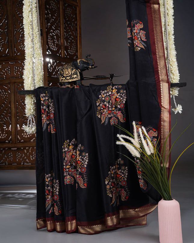 Binny Crepe Saree Floral Print With contrast Border - Black