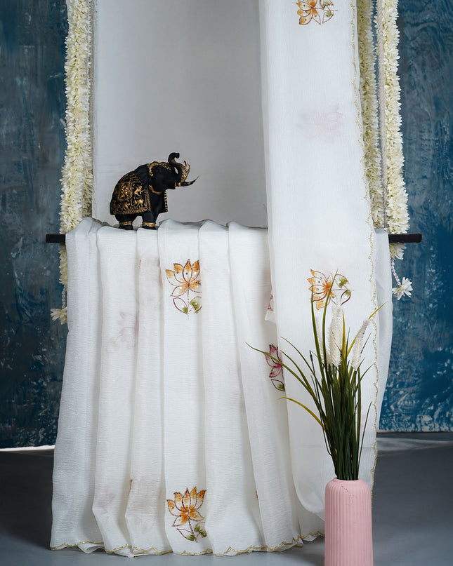 Crush tissue saree with hand painting butties and scallop border Kardana & Sequence Work - White