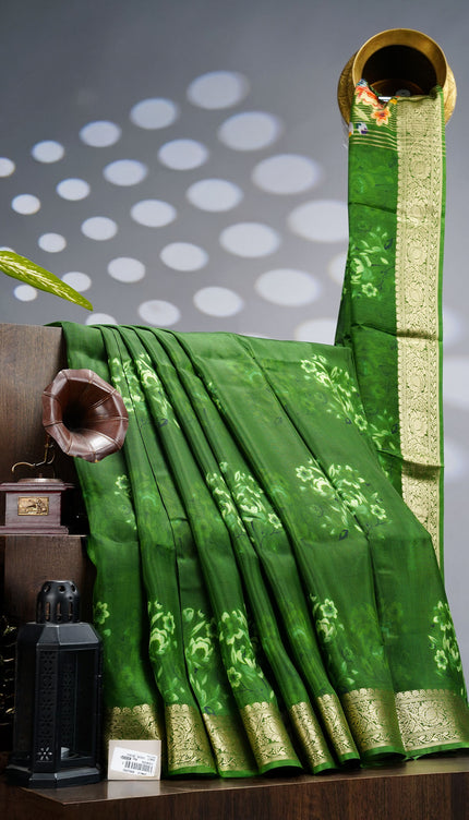Binny Crepe Floral Print with Golden Zari Border- Green