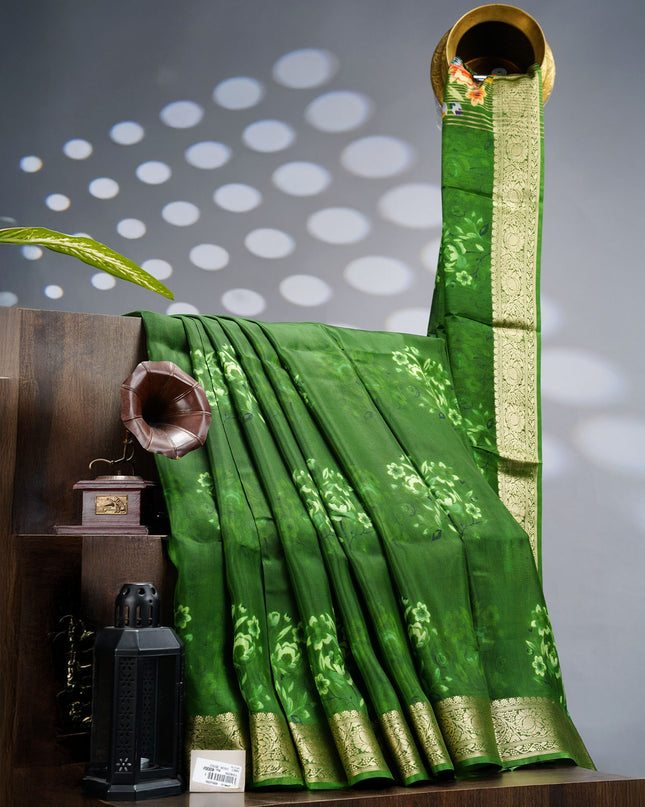 Binny Crepe Floral Print with Golden Zari Border- Green