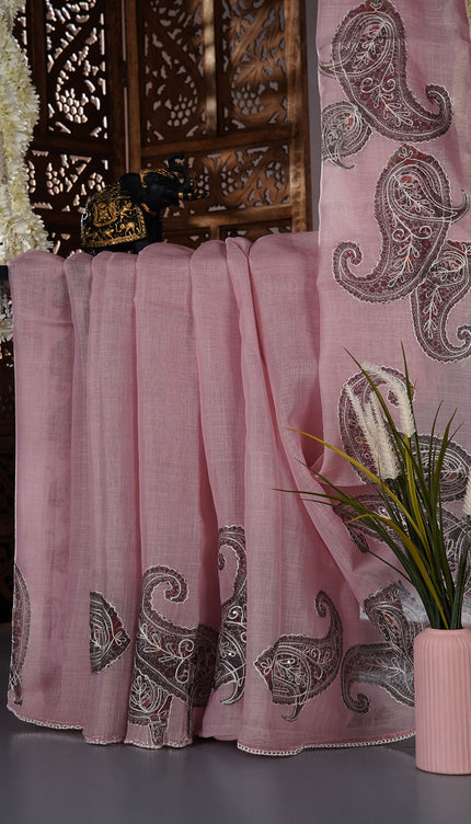 Tissue linen saree with Mango Butties And Dori work With Lace border - Baby Pink