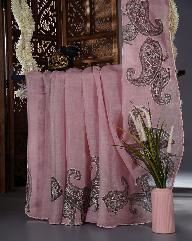 Tissue linen saree with Mango Butties And Dori work With Lace border - Baby Pink