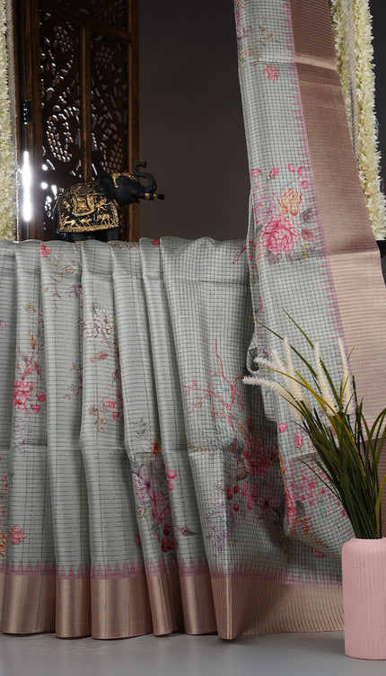 Tusser Weaving Checks Floral Print with Golden Border - Sage Green