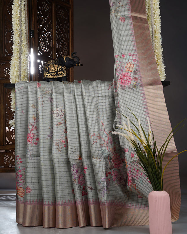 Tusser Weaving Checks Floral Print with Golden Border - Sage Green