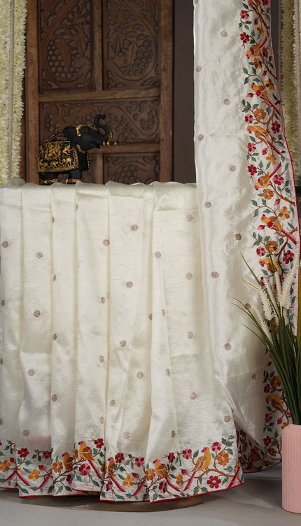 Dupion saree with  golden butties and thread work and border  - White