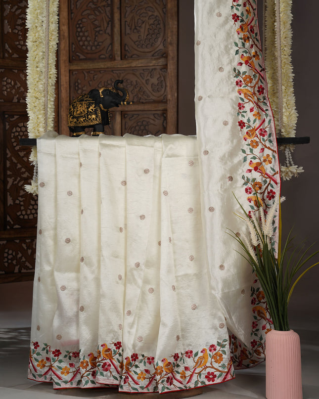 Dupion saree with  golden butties and thread work and border  - White