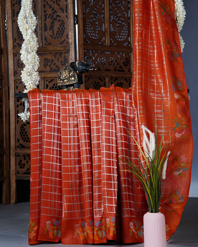 Banaras Saree with Meena kari weaving Border - Orange