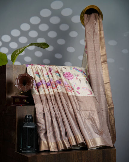 Tusser Silk Saree Floral with Contrast Border- Beige