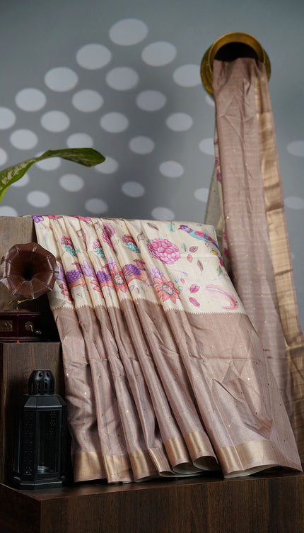Tusser Silk Saree Floral with Contrast Border- Beige
