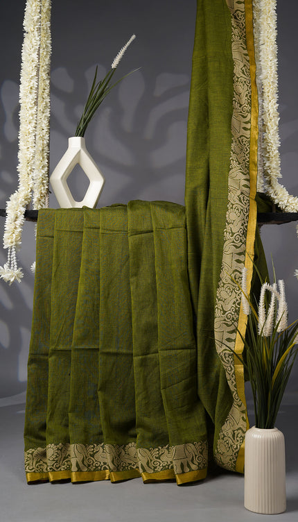 Handloom Cotton Saree with Thread Weaving Border- Green