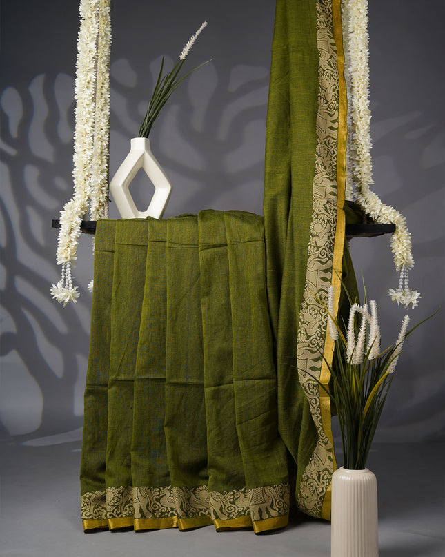 Handloom Cotton Saree with Thread Weaving Border- Green